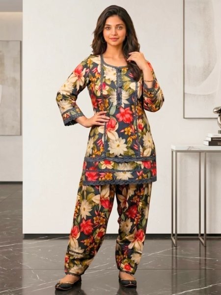 Kiora KL-5000 Dark Floral Printed Kurta With Three-Quarter Sleeves And Matching Pant Kurtis