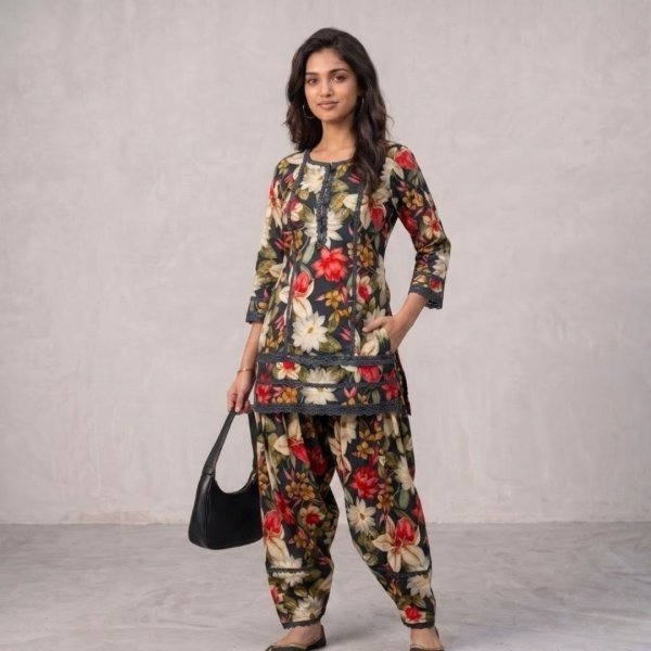 Kiora KL-5000 Dark Floral Printed Kurta With Three-Quarter Sleeves And Matching Pant Full Set Kurti