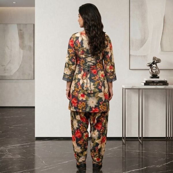 Kiora KL-5000 Dark Floral Printed Kurta With Three-Quarter Sleeves And Matching Pant Full Set Kurti