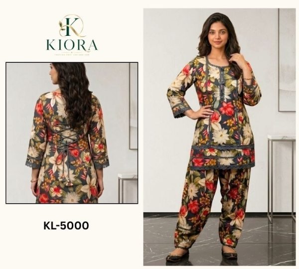 Kiora KL-5000 Dark Floral Printed Kurta With Three-Quarter Sleeves And Matching Pant Full Set Kurti