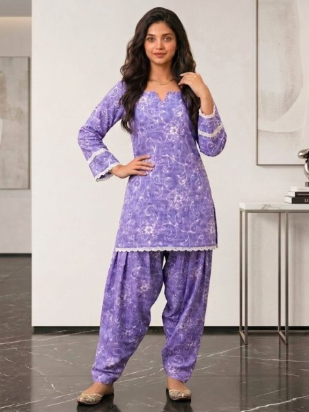 KIORA Purple Soft Cotton Farshi Co-Ord Set with Heavy Lace Border for Festive Wear Kurtis