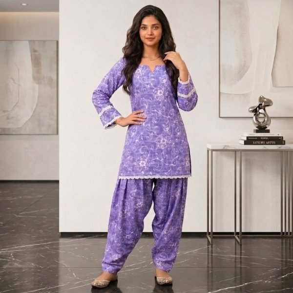 KIORA Purple Soft Cotton Farshi Co-Ord Set with Heavy Lace Border for Festive Wear Full Set Kurti