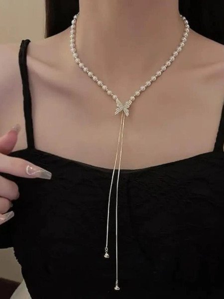 Korean Style Pearl Tie Chain with Butterfly Charm Luxury Everyday Look Sarees 