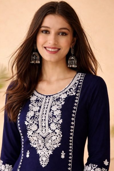 Krynto Blue Designer Kurti Set with Elegant Embroidery for Work Wear Kurti With Bottom Wholesale