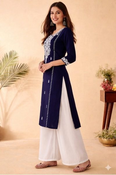 Krynto Blue Designer Kurti Set with Elegant Embroidery for Work Wear Kurti With Bottom Wholesale