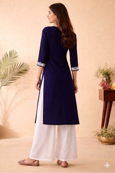 Krynto Blue Designer Kurti Set with Elegant Embroidery for Work Wear Kurti With Bottom Wholesale