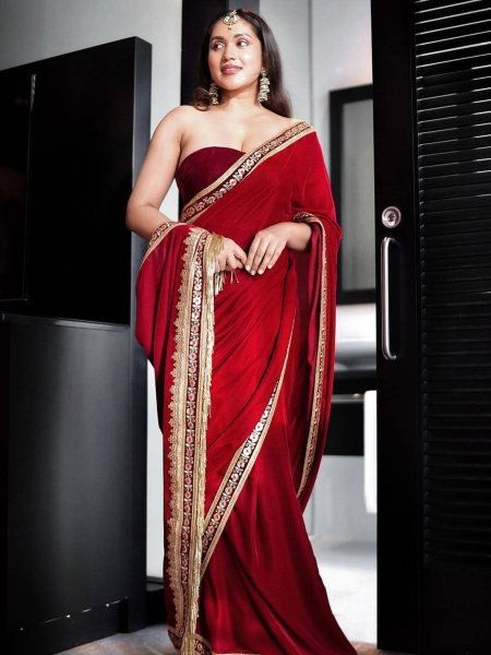 Kumkum Red Velvet Saree with Zari and Lavender Border for Wedding Look Embroidery Sarees Wholesale