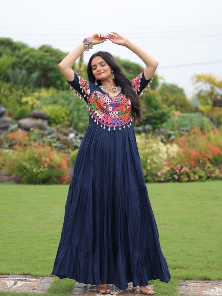 Navratri 2025 Pink Rayon Gown Heavy Flair Garba Dress for Women