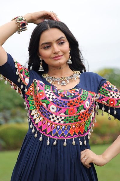Navratri 2025 Pink Rayon Gown Heavy Flair Garba Dress for Women Navratri Collection