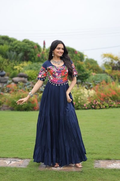 Navratri 2025 Pink Rayon Gown Heavy Flair Garba Dress for Women Navratri Collection