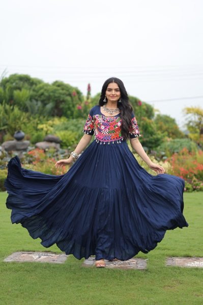 Navratri 2025 Pink Rayon Gown Heavy Flair Garba Dress for Women Navratri Collection