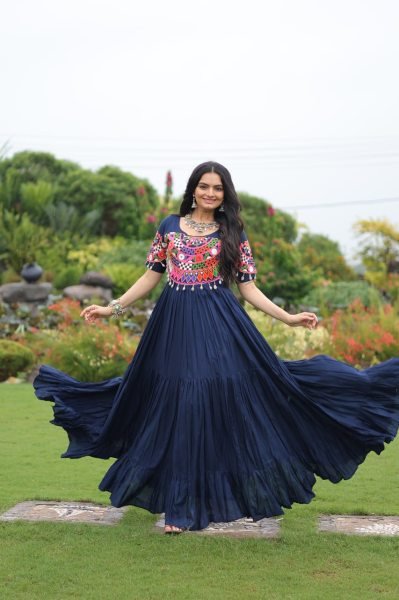 Navratri 2025 Pink Rayon Gown Heavy Flair Garba Dress for Women Navratri Collection