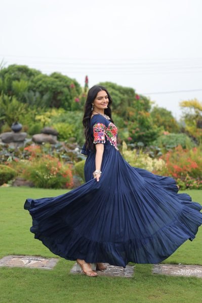 Navratri 2025 Pink Rayon Gown Heavy Flair Garba Dress for Women Navratri Collection