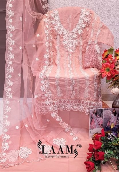 LAAM Design No 182 Semi Lawn Embroidered Suit with Heavy Organza Dupatta for Finest Look Embroidery Suits Wholesale