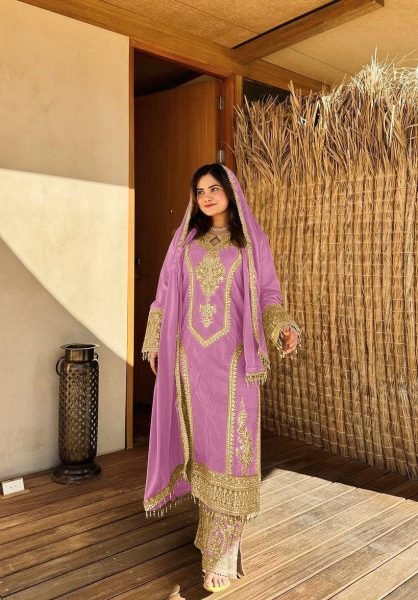 Ladies New Designer Party Wear Look Pur Chinon Silk Top Plazzo   Dupatta Set Ready To Wear Collection