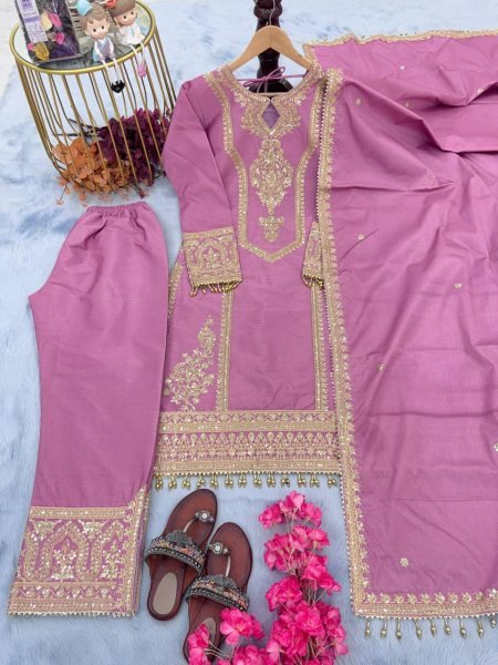 Ladies New Designer Party Wear Look Pur Chinon Silk Top Plazzo   Dupatta Set Ready To Wear Collection