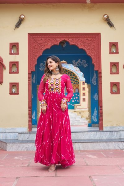 Laheriya Print Gown with Kutchi Embroidery Georgette Ethnic Dress for Navratri Special  Navratri Collection