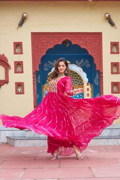 Laheriya Print Gown with Kutchi Embroidery Georgette Ethnic Dress for Navratri Special  Navratri Collection