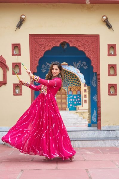 Laheriya Print Gown with Kutchi Embroidery Georgette Ethnic Dress for Navratri Special  Navratri Collection