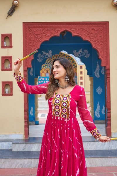 Laheriya Print Gown with Kutchi Embroidery Georgette Ethnic Dress for Navratri Special  Navratri Collection