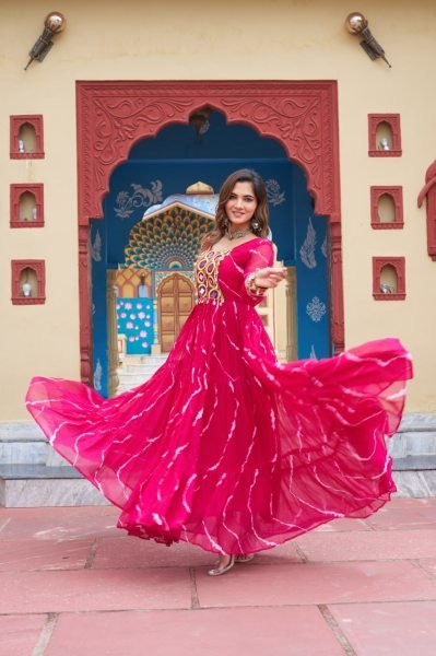 Laheriya Print Gown with Kutchi Embroidery Georgette Ethnic Dress for Navratri Special  Navratri Collection