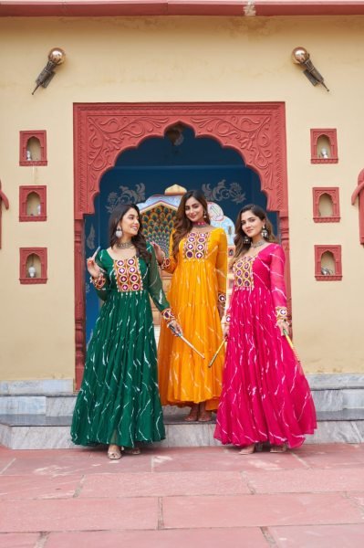 Laheriya Print Gown with Kutchi Embroidery Georgette Ethnic Dress for Navratri Special  Navratri Collection