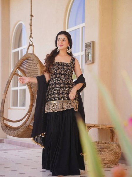 Latest Black Blooming Georgette Sharara Set With Sequence Work For Party Wear 