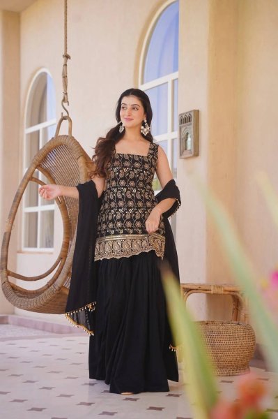 Latest Black Blooming Georgette Sharara Set With Sequence Work For Party Wear Ready To Wear Collection
