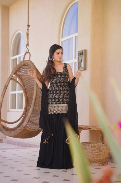 Latest Black Blooming Georgette Sharara Set With Sequence Work For Party Wear Ready To Wear Collection