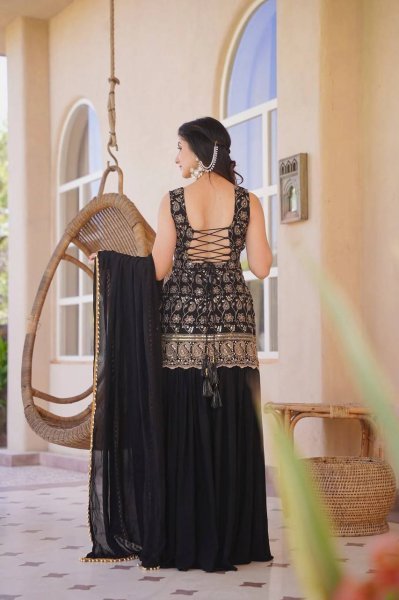 Latest Black Blooming Georgette Sharara Set With Sequence Work For Party Wear Ready To Wear Collection