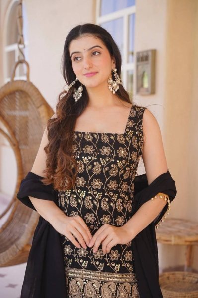 Latest Black Blooming Georgette Sharara Set With Sequence Work For Party Wear Ready To Wear Collection