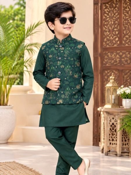 Latest Dark Green Kids Wedding Season Koti Kurta Pyjama Collection 