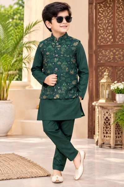 Latest Dark Green Kids Wedding Season Koti Kurta Pyjama Collection Boys Wear