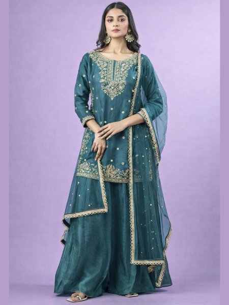 Latest Design Teal Blue Fandy Silk Designer Suit with Hand Work Detailing and Embroidery Sequence Work Ready To Wear Suit