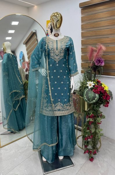Latest Design Teal Blue Fandy Silk Designer Suit with Hand Work Detailing and Embroidery Sequence Work Ready To Wear Collection