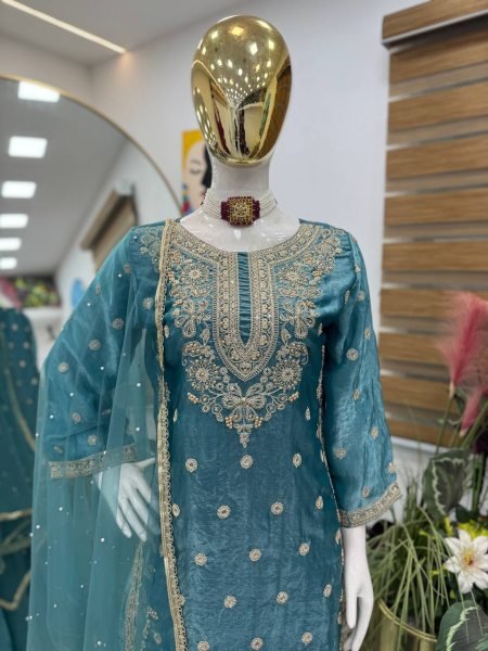 Latest Design Teal Blue Fandy Silk Designer Suit with Hand Work Detailing and Embroidery Sequence Work Ready To Wear Collection
