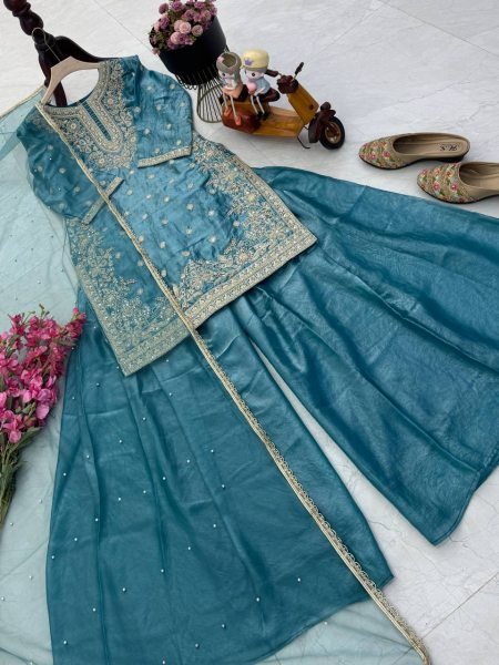Latest Design Teal Blue Fandy Silk Designer Suit with Hand Work Detailing and Embroidery Sequence Work Ready To Wear Collection