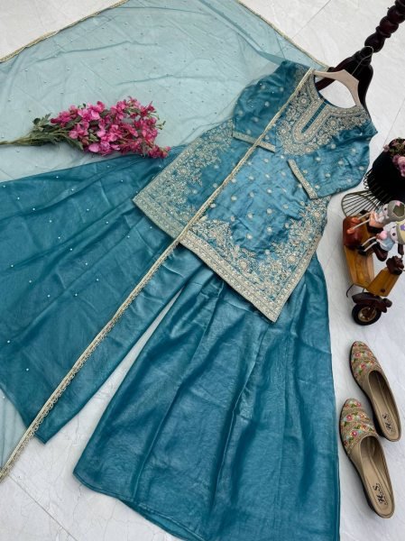 Latest Design Teal Blue Fandy Silk Designer Suit with Hand Work Detailing and Embroidery Sequence Work Ready To Wear Collection