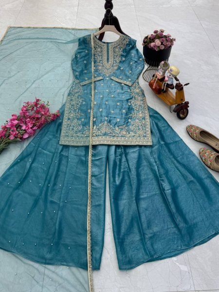 Latest Design Teal Blue Fandy Silk Designer Suit with Hand Work Detailing and Embroidery Sequence Work Ready To Wear Collection