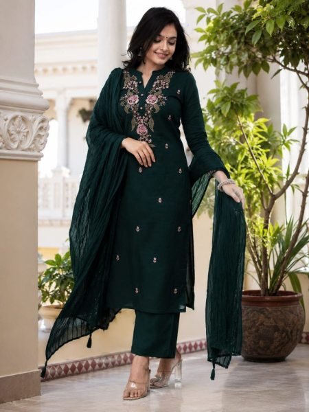 Latest Designer Slub Cotton Kurti Pant Set with Embroidery Work and Elegant Nazmin Dupatta for Women Embroidery Kurtis 