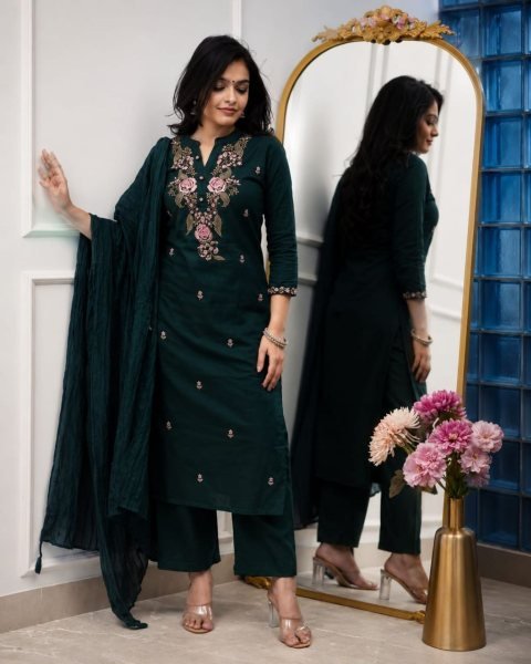 Latest Designer Slub Cotton Kurti Pant Set with Embroidery Work and Elegant Nazmin Dupatta for Women Embroidery Kurtis 