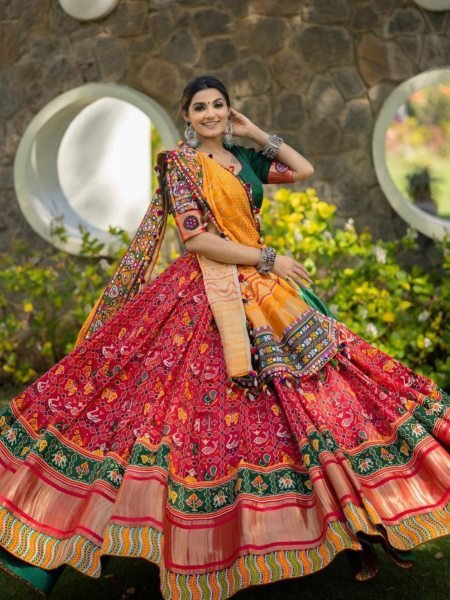 Latest Digital Printed Chaniya Choli with Real Mirror Work Red Green Lehenga with Yellow Dupatta for Garba Night Wholesale Collection Navratri Lehnega Choli