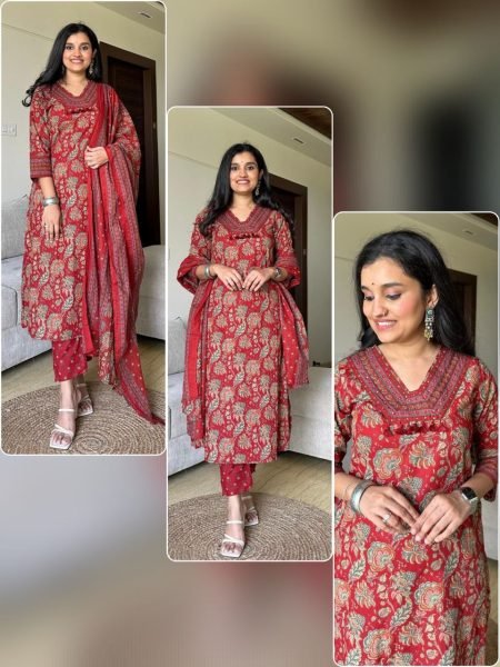 Latest Indian 3 pc Cotton  Suit  With Dupatta                          3 Piece Kurti Set