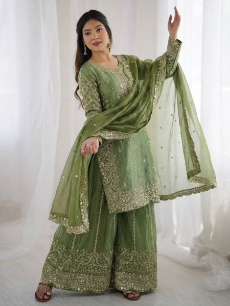 Latest Parrot Green Designer Silk Palazzo Suit for Women Party Wear Ready To Wear Suit