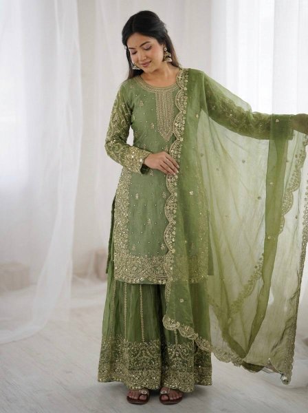 Latest Parrot Green Designer Silk Palazzo Suit for Women Party Wear Ready To Wear Collection