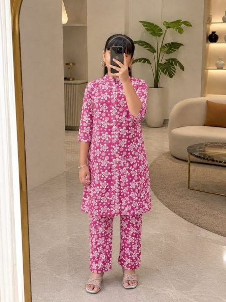 Latest Pink Designer Girls Heavy Viscose Printed Kurti Pant Set Kurtis