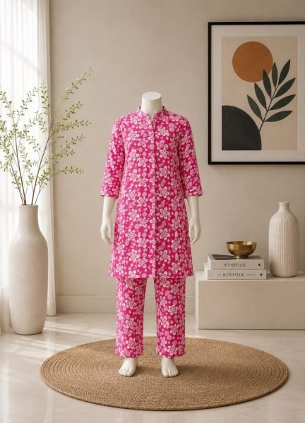 Latest Pink Designer Girls Heavy Viscose Printed Kurti Pant Set Girls Wear