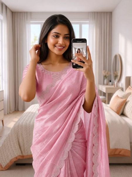 Latest Pink Space Silk Saree with Swarovski Diamond Work and Blouse 