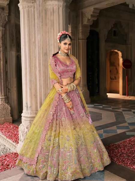 Latest Pink Yellow Designer Lehenga with Stone and Mirror Work for Weddings