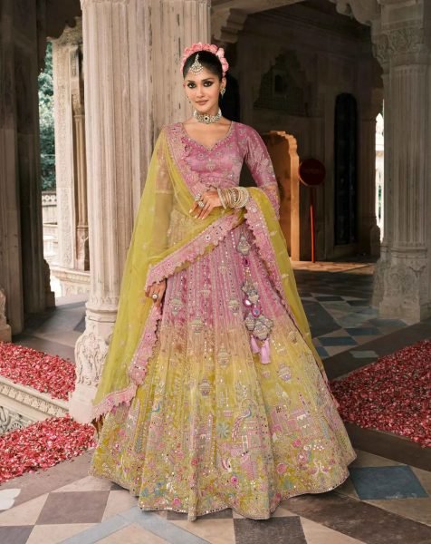 Latest Pink Yellow Designer Lehenga with Stone and Mirror Work for Weddings Bridal Lehenga Choli